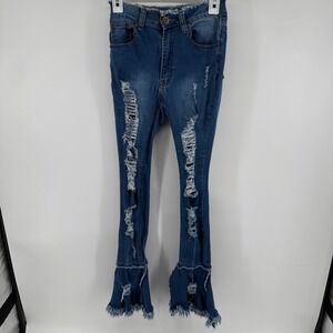 Y2K‎ Red Fox Jeans Womens 5 Distressed High Rise Flare Bell Bottom Fray Hem Blue